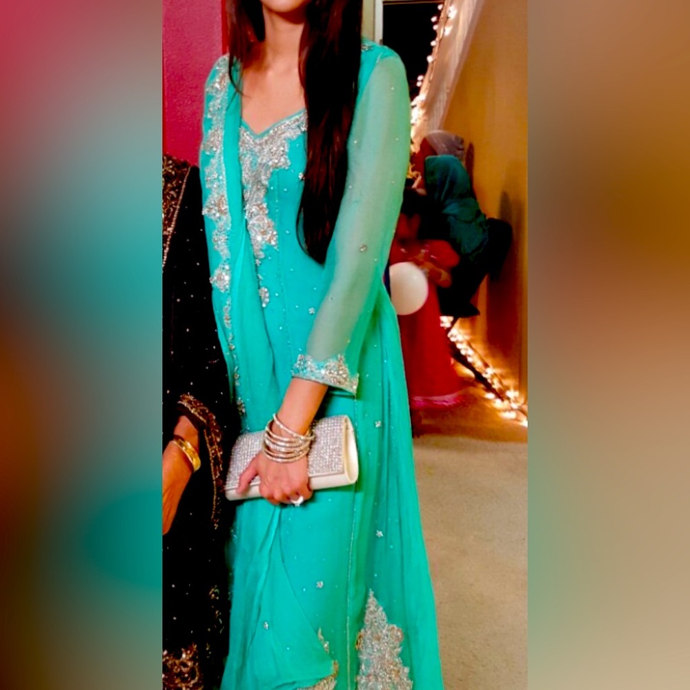 Chiffon Pakistani suit with silver work. This vintage outfit is a must have!